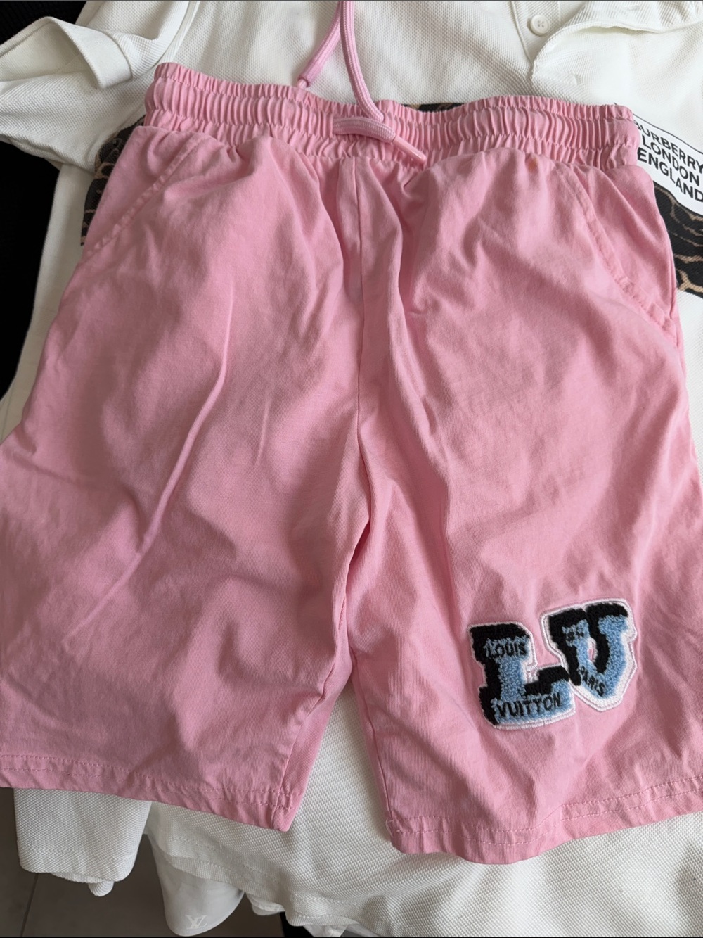 Kids Pink LV Patch Drawstring Shorts